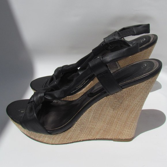 Charles David Knotty BLACK SANDALS Platform Rattan Wedge Heel Slingback 9 M - Picture 2 of 11
